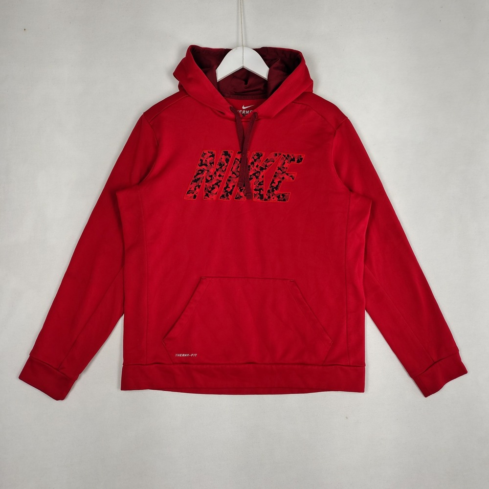 Nike Therma-FIT Red Camo Logo Pullover Hoodie Sweatshirt Size L